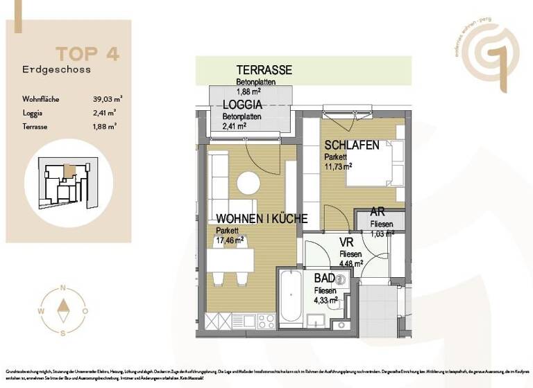 Wohnung zum Kauf - Erstbezug 174.000 € 2 Zimmer 39 m² EG Gartenstraße 1 Perg 4320
