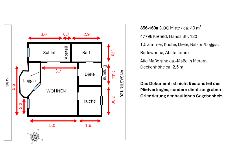 Wohnung zur Miete 1,5 Zimmer 49 m²<br/>Wohnfläche 4.<br/>Geschoss Hansastraße 120 Südring Krefeld 47798