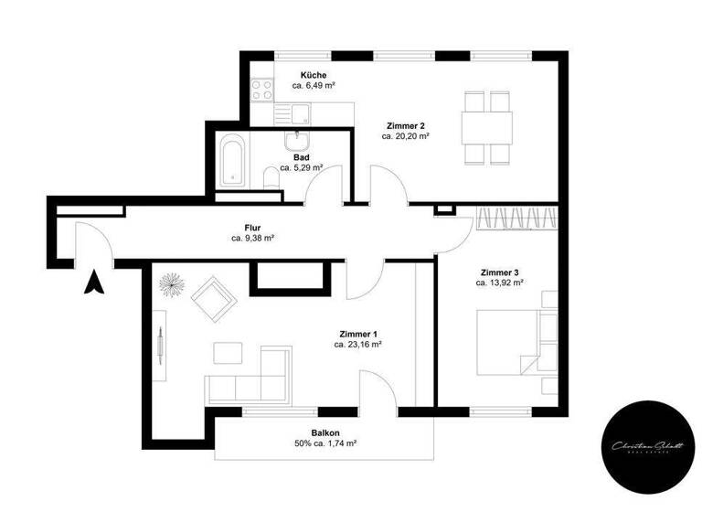 Wohnung zur Miete 391 € 3 Zimmer 78,2 m² 1. Geschoss Marienbergerstr. 6 Zentrum Chemnitz / Schloßchemnitz 0925
