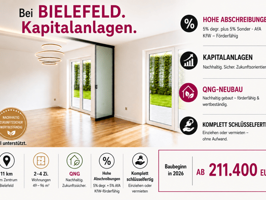 Wohnung zum Kauf - Erstbezug provisionsfrei als Kapitalanlage geeignet 211.400 € 2 Zimmer 50 m² Innenstadt Gütersloh 33330