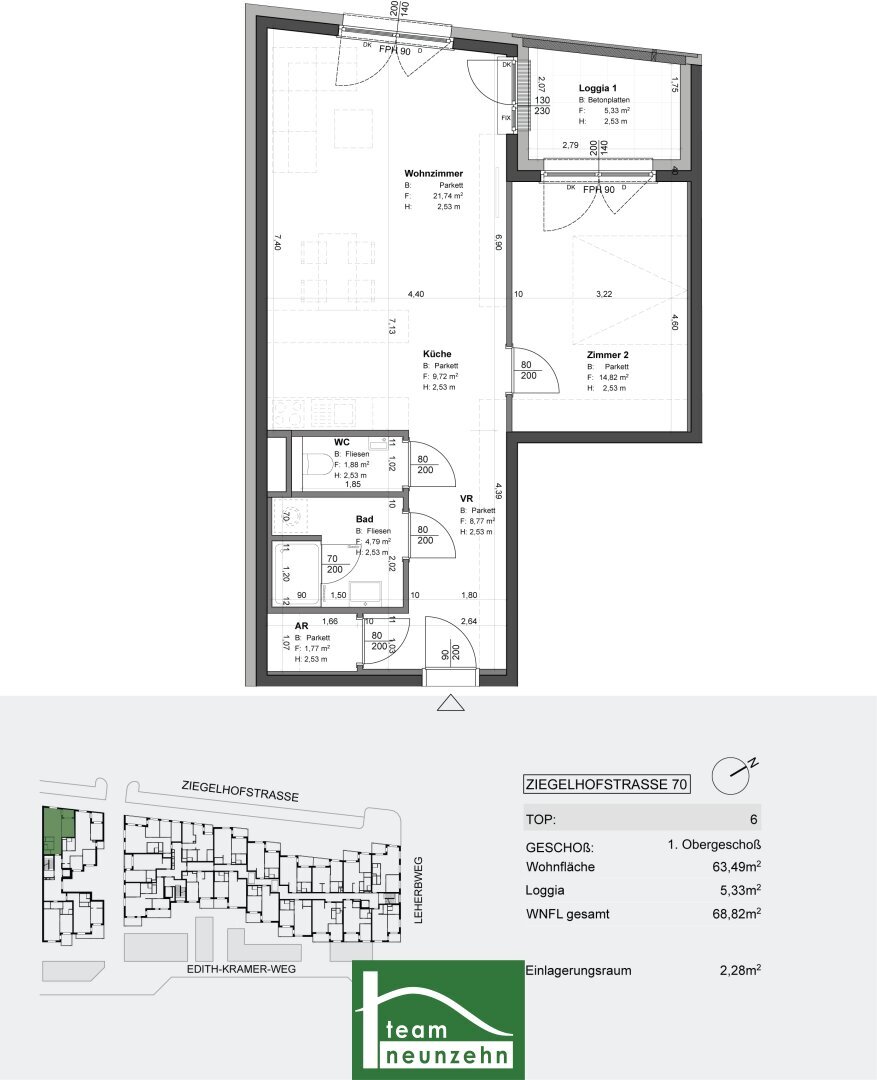 Wohnung zum Kauf provisionsfrei 337.421 € 2 Zimmer 63,8 m²<br/>Wohnfläche 1.<br/>Geschoss Ziegelhofstraße 70 Wien 1220