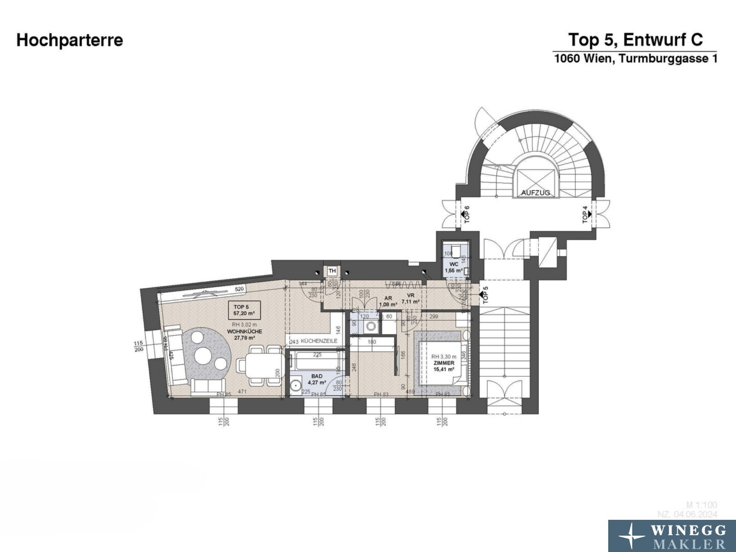 Wohnung zum Kauf 420.000 € 2 Zimmer 57,2 m²<br/>Wohnfläche 1.<br/>Geschoss Turmburggasse Wien 1060