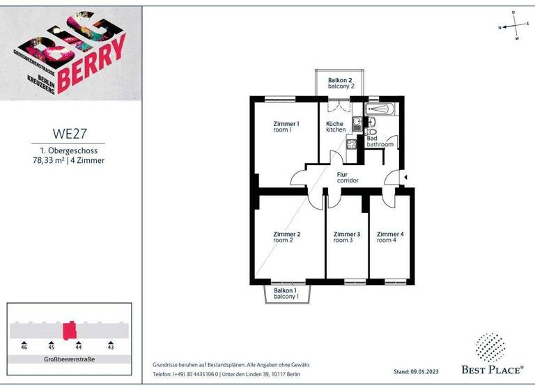 Wohnung zum Kauf provisionsfrei 330.000 € 4 Zimmer 78,3 m² 1. Geschoss Großbeerenstraße 44 Kreuzberg Berlin 10965