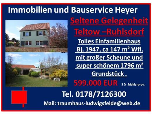 Einfamilienhaus zum Kauf 599.000 € 4 Zimmer 147 m² 1.726 m² Grundstück frei ab sofort Ruhlsdorf Teltow 14513