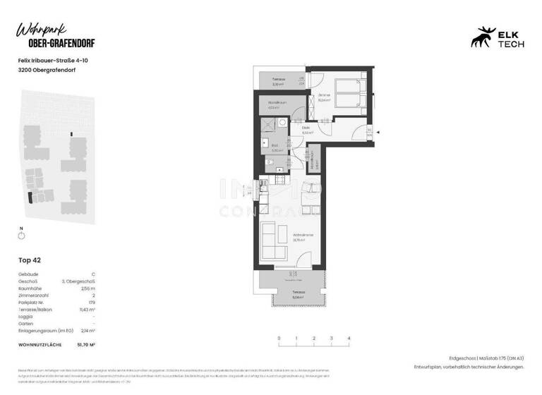 Terrassenwohnung zum Kauf - Erstbezug provisionsfrei 220.357 € 2 Zimmer 3. Geschoss Ober-Grafendorf 3200