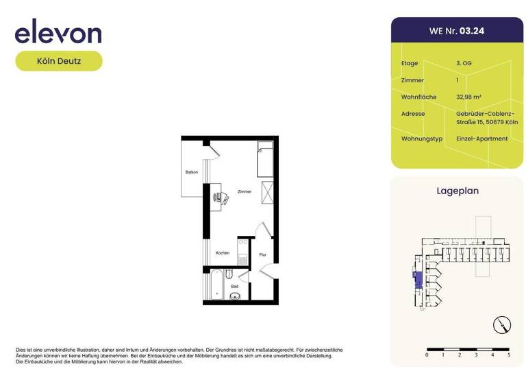 Studio zur Miete 554 € 1 Zimmer 33 m² 3. Geschoss Gebrüder-Coblenz-Straße 15 Deutz Köln 50679