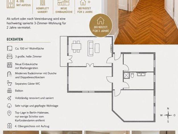 Wohnung zur Miete 2.200 € 3 Zimmer 98,7 m² 4. Geschoss Halensee Berlin 10711