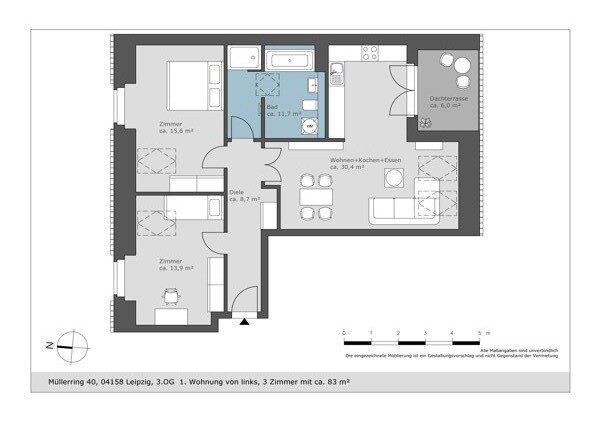 Wohnung zur Miete 1.082 € 3 Zimmer 83,2 m²<br/>Wohnfläche 3.<br/>Geschoss Müllerring 40 Lindenthal Leipzig 04158