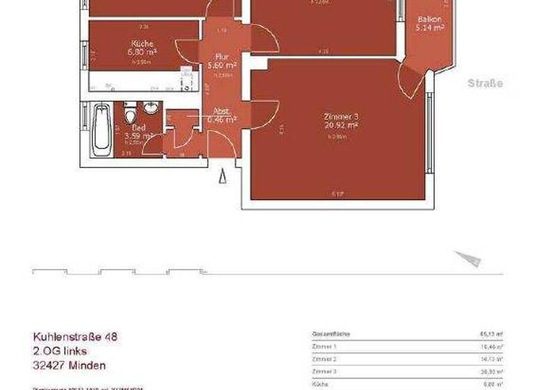 Wohnung zur Miete 549 € 3 Zimmer 64,5 m² frei ab sofort Kuhlenstr. 48 Innenstadt Minden 32427