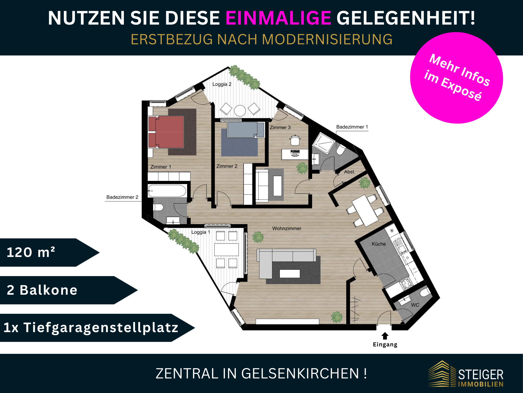 Wohnung zur Miete 856 € 4 Zimmer 120 m²<br/>Wohnfläche 1.<br/>Geschoss Altstadt Gelsenkirchen 45879