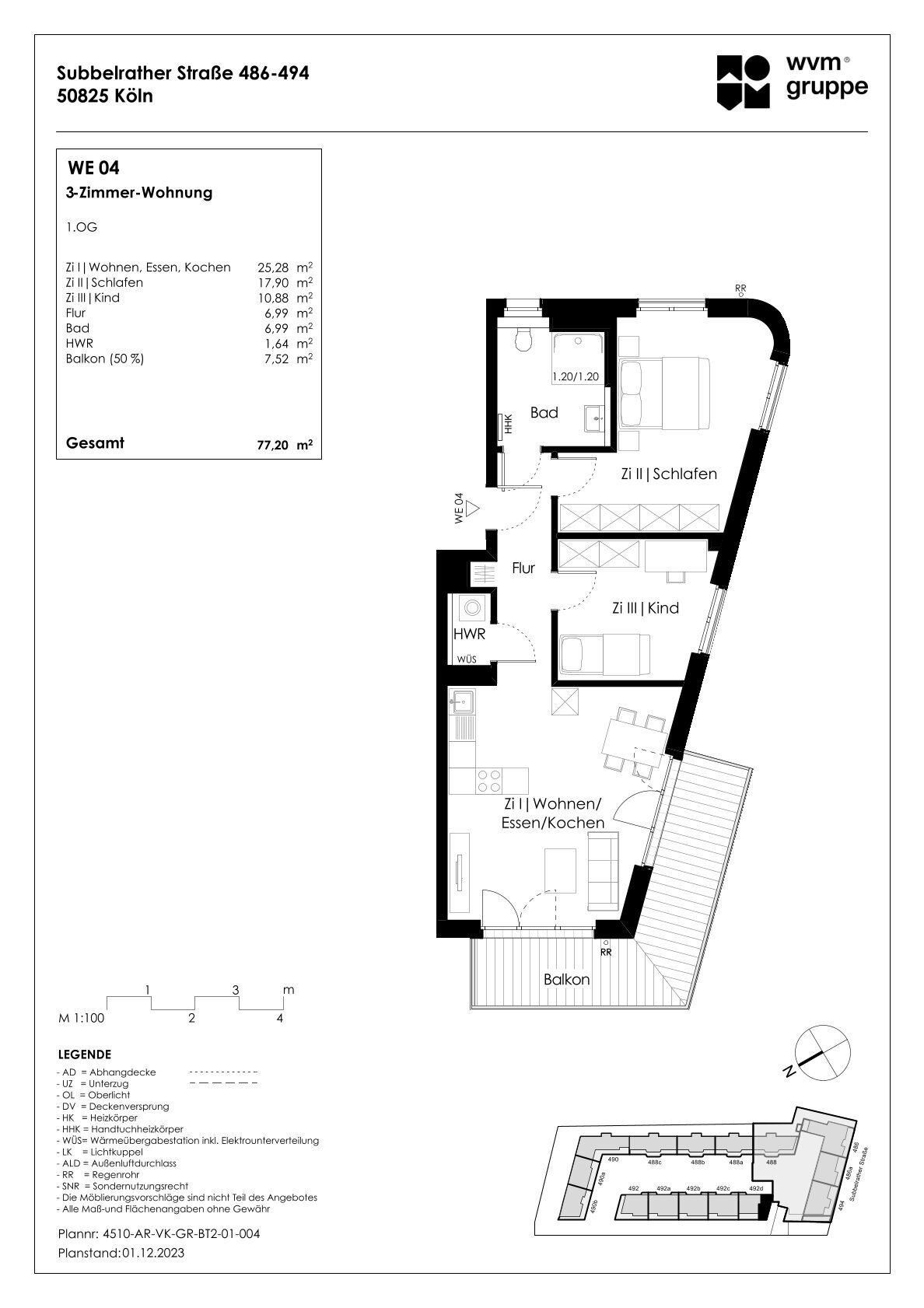 Wohnung zum Kauf provisionsfrei 495.900 € 3 Zimmer 77,2 m²<br/>Wohnfläche 1.<br/>Geschoss Subbelrather Str. 492d Ehrenfeld Köln 50825