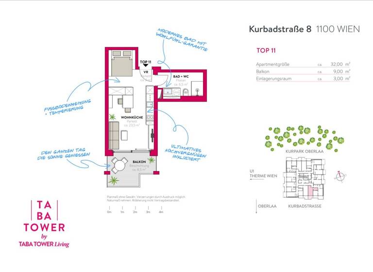 Studio zur Miete 1.083 € 1 Zimmer 32 m² 8. Geschoss frei ab sofort Kurbadstraße 8 Wien,Favoriten 1100
