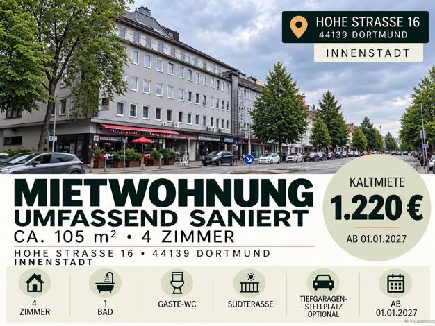 Wohnung zur Miete 1.220 € 4 Zimmer 105 m² 2. Geschoss frei ab 01.01.2027 Hohe Straße 16 Mitte Dortmund 44139