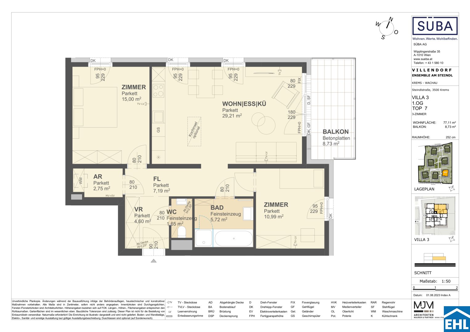 Wohnung zum Kauf 384.000 € 3 Zimmer 77,1 m²<br/>Wohnfläche 1.<br/>Geschoss Steindlstraße Krems an der Donau Krems an der Donau 3500