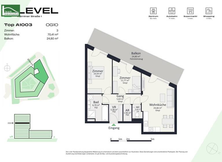 Wohnung zur Miete - Erstbezug 932 € 3 Zimmer 70,4 m² 10. Geschoss frei ab 01.05.2026 Kärntner Straße 1 Gries Graz 8020
