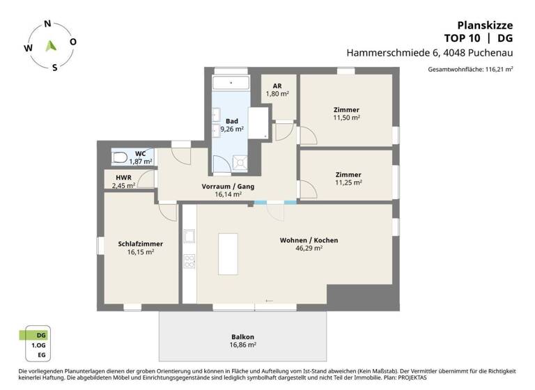 Wohnung zur Miete 1.280 € 4 Zimmer 116,2 m² 2. Geschoss Hammerschmiede 6 Puchenau (Linz) 4048