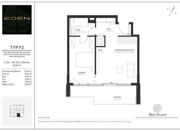 Wohnung zum Kauf provisionsfrei 530.000 € 2 Zimmer 52,1 m² Europa-Allee 11 Gallus Frankfurt am Main 60327