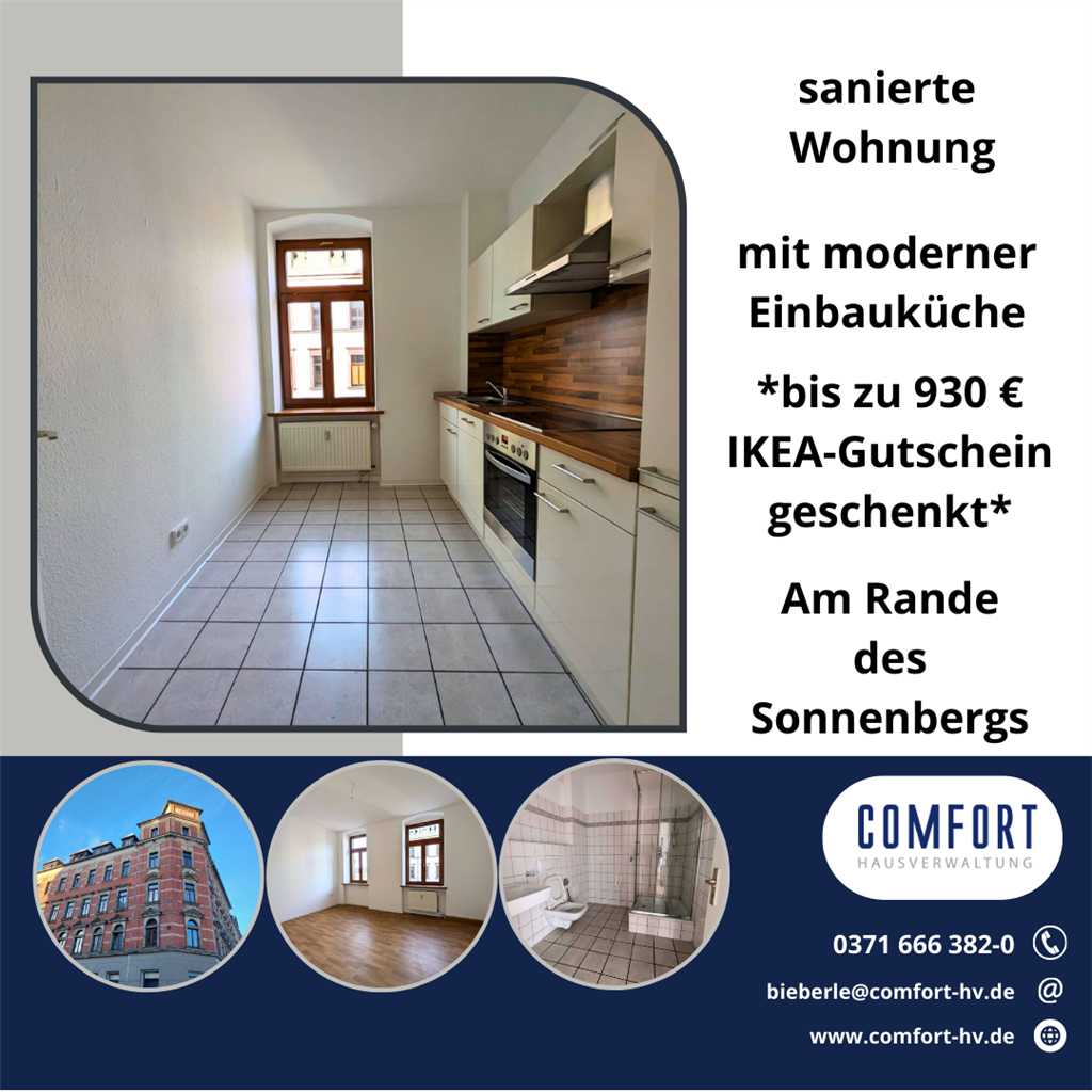 Wohnung zur Miete 310 € 2 Zimmer 60 m²<br/>Wohnfläche 2.<br/>Geschoss ab sofort<br/>Verfügbarkeit Lessingstraße 12 Sonnenberg 211 Chemnitz 09130