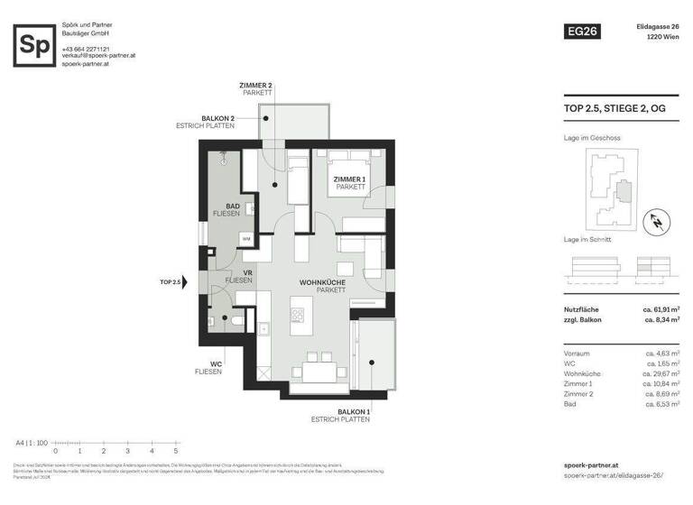 Wohnung zum Kauf - Erstbezug 488.000 € 3 Zimmer 61,9 m² 1. Geschoss Elidagasse 26 Wien, Donaustadt 1220