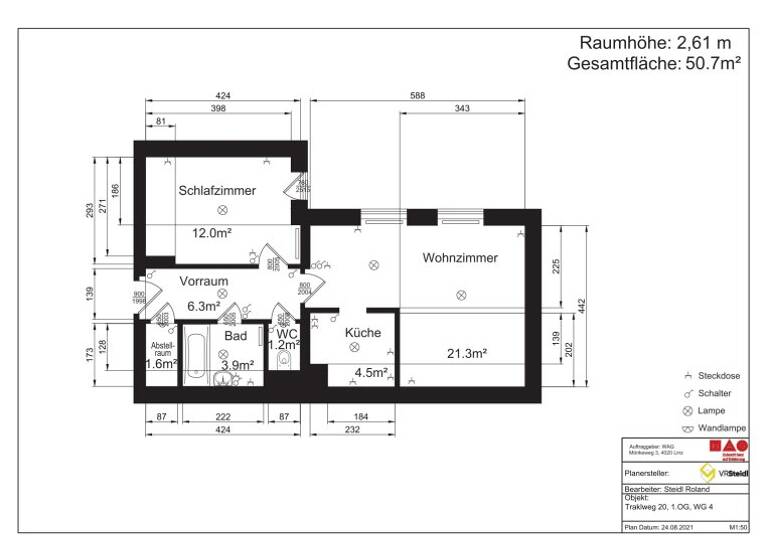 Wohnung zur Miete 301 € 2 Zimmer 50,7 m² 1. Geschoss frei ab 01.04.2026 Traklweg 20 Ebelsberg Linz 4030