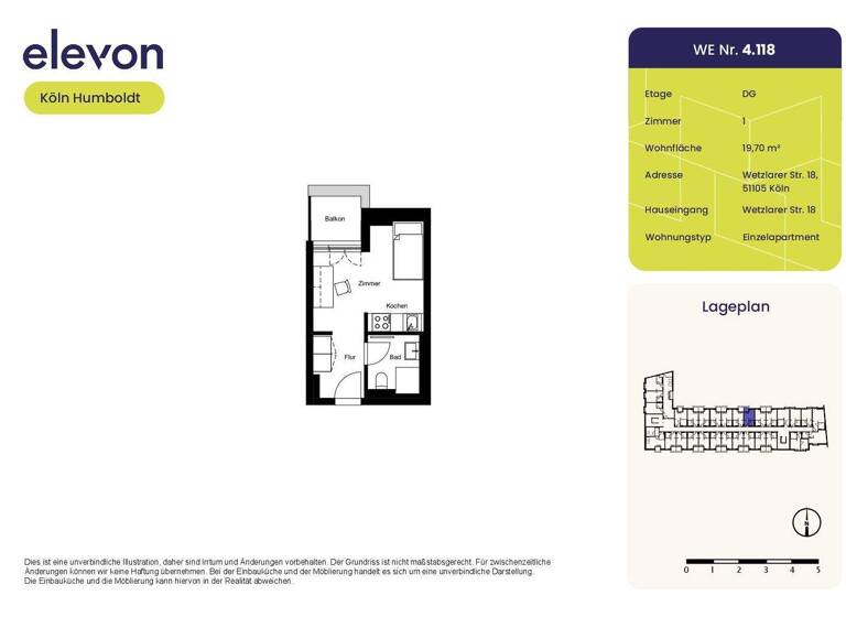 Wohnung zur Miete 494 € 1 Zimmer 19,7 m² 4. Geschoss Wetzlarer Straße 18 Humboldt-Gremberg Köln 51105