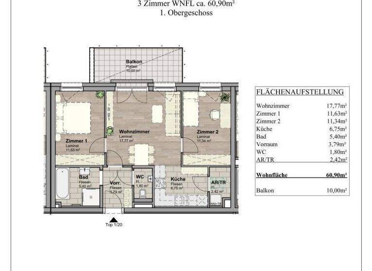 Wohnung zur Miete 929 € 3 Zimmer 60,9 m² 1. Geschoss Unterwaltersdorf 2442