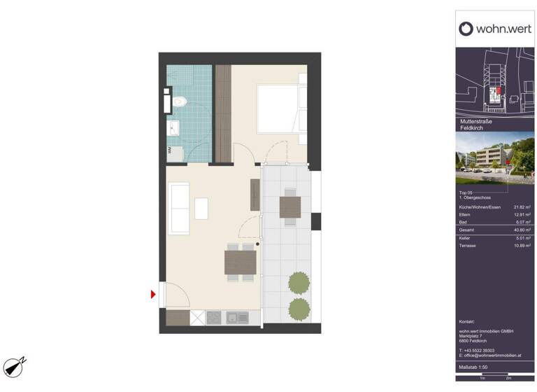 Terrassenwohnung zum Kauf - Erstbezug 299.000 € 2 Zimmer 40,8 m² 1. Geschoss frei ab 01.07.2026 Mutterstraße 11 Feldkirch 6800