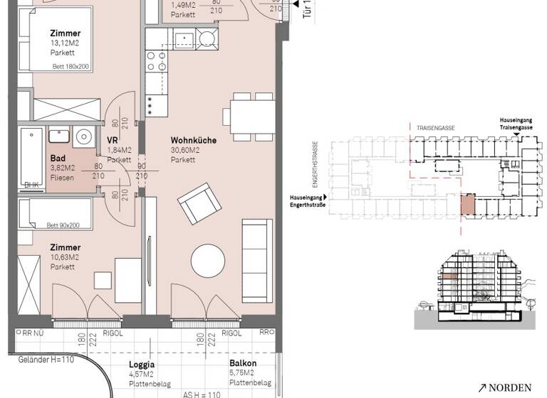 Wohnung zum Kauf - Erstbezug 525.200 € 3 Zimmer 63,3 m² 5. Geschoss frei ab 30.06.2028 Traisengasse 20-22 Wien 1200
