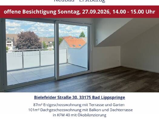 Wohnung zum Kauf - Erstbezug provisionsfrei 449.000 € 3 Zimmer 101,6 m² EG Bielefelder Straße 30 Bad Lippspringe 33175