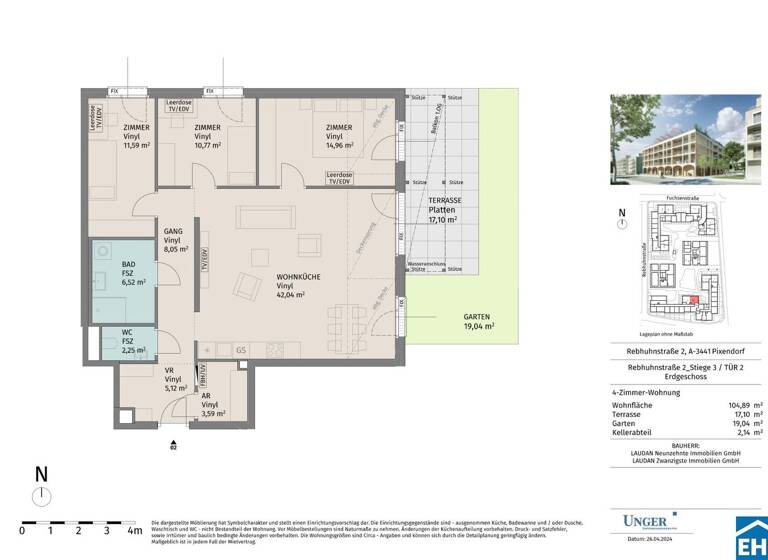 Wohnung zur Miete - Erstbezug 999 € 4 Zimmer 104,9 m² EG Rebhuhnstraße Pixendorf 3451