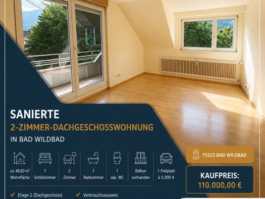 Wohnung zum Kauf 105.000 € 2 Zimmer 46,6 m² 2. Geschoss Ziegelsteigle 7 Bad Wildbad Bad Wildbad 75323