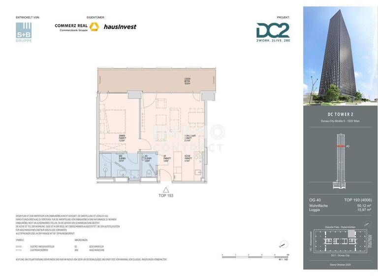 Wohnung zur Miete - Erstbezug 1.322 € 2 Zimmer 50,1 m² 40. Geschoss frei ab 01.11.2026 Wien 1220