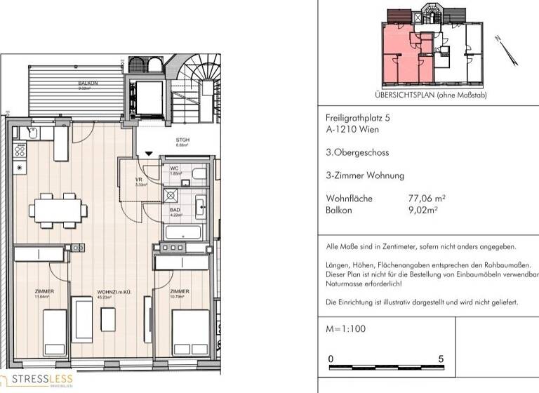 Wohnung zur Miete 1.250 € 3 Zimmer 77,1 m² 3. Geschoss Freiligrathplatz Wien 1210