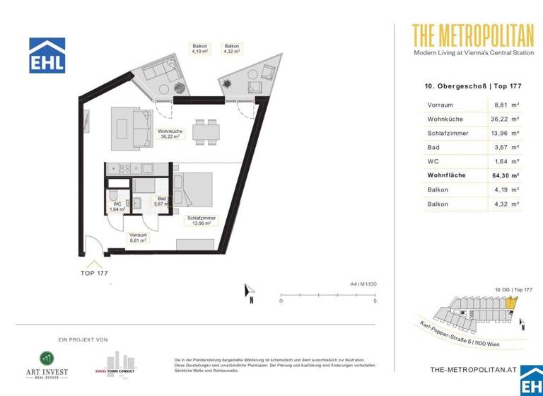 Studio zur Miete 949 € 1 Zimmer 64,3 m² 10. Geschoss Wien 1100