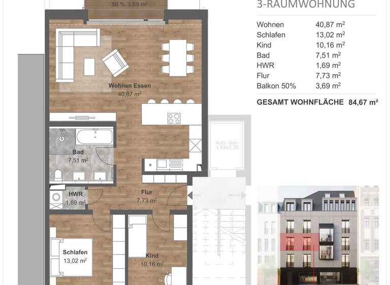 Wohnung zum Kauf provisionsfrei 550.500 € 3 Zimmer 84,7 m² 2. Geschoss Hechtstraße 69 Leipziger Vorstadt Dresden 01097