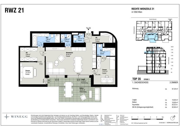 Wohnung zum Kauf - Erstbezug 1.250.000 € 3 Zimmer 97,3 m² 4. Geschoss Rechte Wienzeile 21 Wien 1040