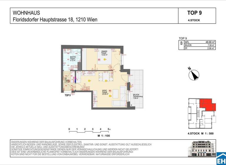 Wohnung zur Miete - Erstbezug 784 € 2 Zimmer 48,7 m² 4. Geschoss frei ab 01.05.2026 Wien 1210