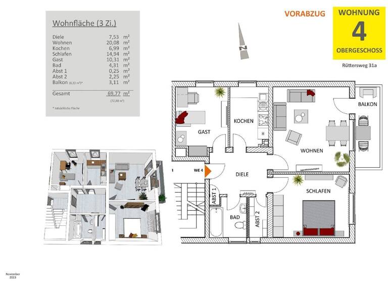 Wohnung zum Kauf provisionsfrei 259.900 € 3 Zimmer 69,8 m² 1. Geschoss Bürrig Leverkusen 51371