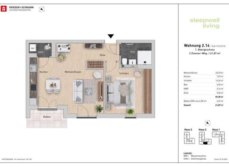 Wohnung zum Kauf - Neubau provisionsfrei als Kapitalanlage geeignet 415.300 € 2 Zimmer 62 m² Schulstraße 29-31 Hattersheim 65795