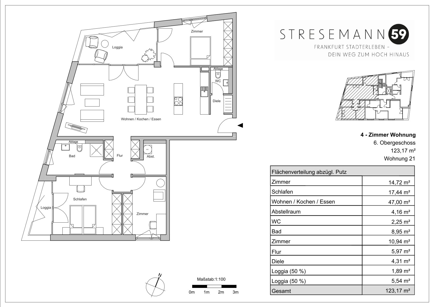 Wohnung zum Kauf 1.194.500 € 4 Zimmer 123,2 m²<br/>Wohnfläche 6.<br/>Geschoss Stresemannallee 59 Sachsenhausen - Nord Frankfurt am Main 60596