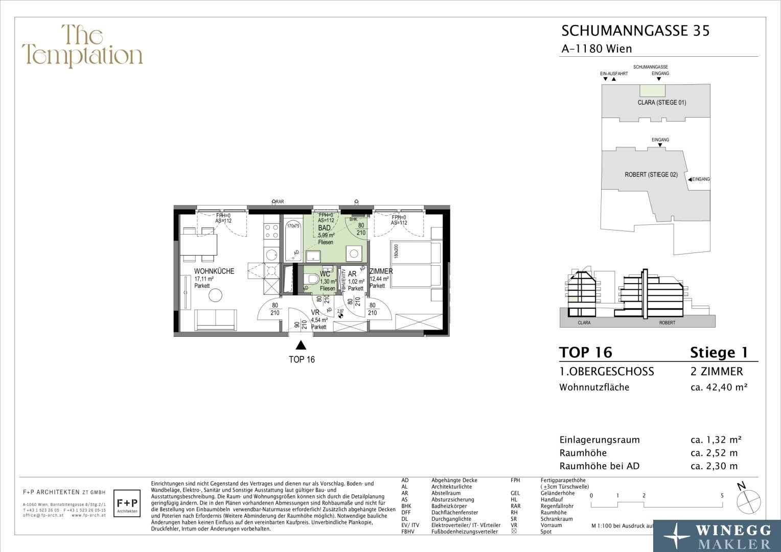 Wohnung zum Kauf 288.700 € 2 Zimmer 42,4 m²<br/>Wohnfläche 1.<br/>Geschoss Schumanngasse 35 Wien 1180