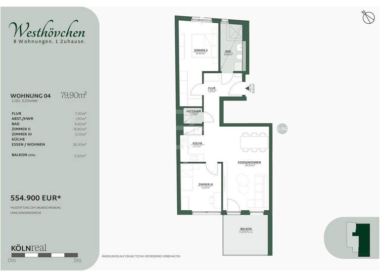 Wohnung zum Kauf - Erstbezug provisionsfrei 554.900 € 3 Zimmer 79,9 m² 1. Geschoss Oberstraße 55 Westhoven Köln 51149