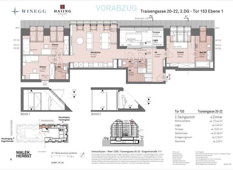 Wohnung zum Kauf - Erstbezug 1.031.200 € 4 Zimmer 113,4 m² 8. Geschoss Traisengasse 20-22 Wien 1200