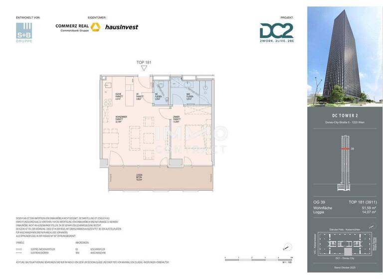Wohnung zur Miete - Erstbezug 1.459 € 2 Zimmer 51,6 m² 39. Geschoss frei ab 01.11.2026 Wien 1220