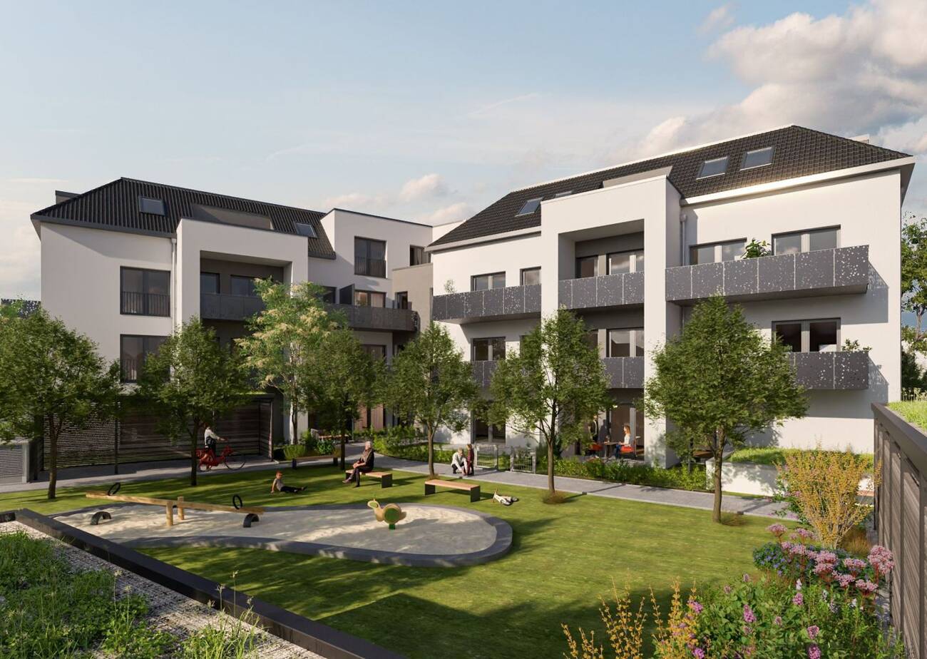 Neubau Friedrich 16 in Fürth, Außenansicht des Wohnensembles mit begrüntem Innenhof