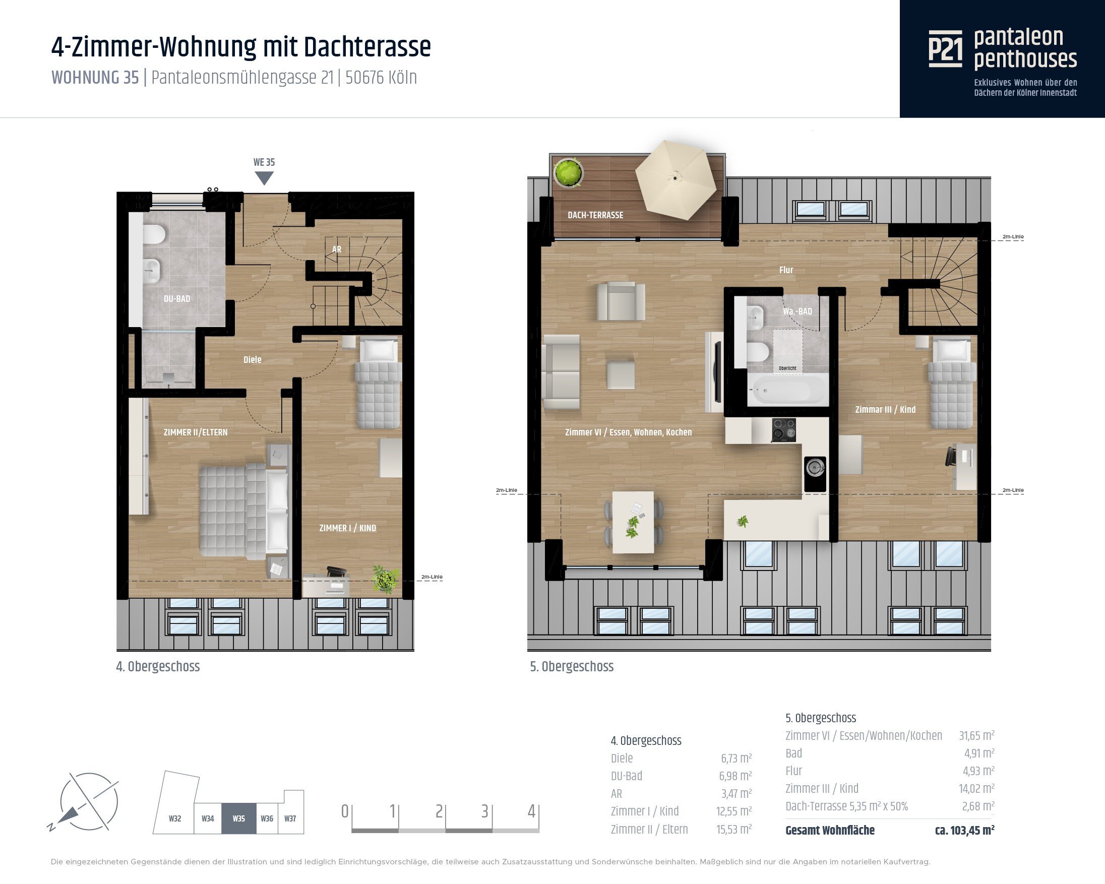 Penthouse zum Kauf 790.000 € 4 Zimmer 103,5 m²<br/>Wohnfläche 4.<br/>Geschoss ab sofort<br/>Verfügbarkeit Pantaleonsmühlengasse 21 Altstadt - Süd Köln 50676