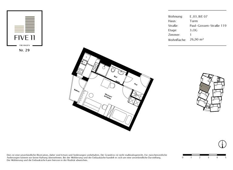 Wohnung zur Miete 580 € 1 Zimmer 26,9 m²<br/>Wohnfläche 3.<br/>Geschoss Paul-Gossen-Straße 119 Erlangen-Süd Erlangen 91052