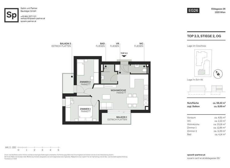 Wohnung zum Kauf - Erstbezug 473.000 € 3 Zimmer 58,4 m² 1. Geschoss Elidagasse 26 Wien, Donaustadt 1220