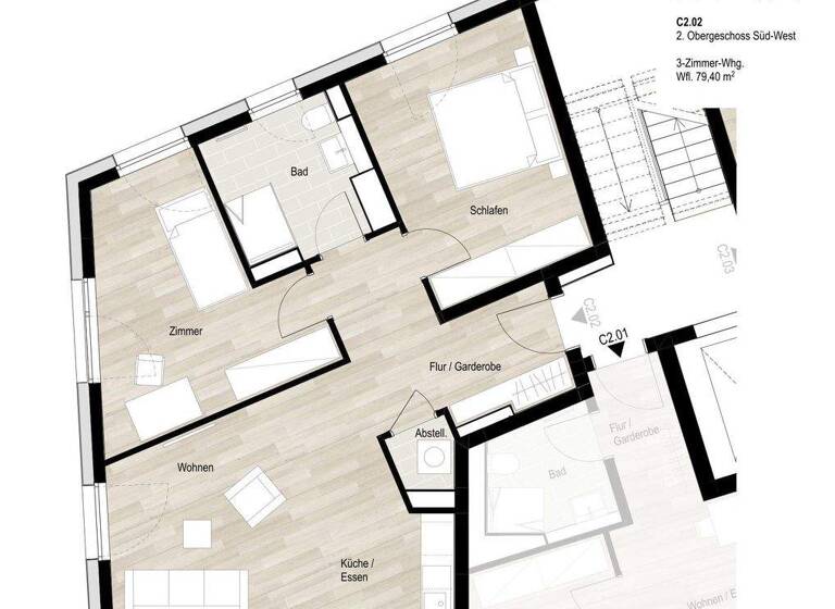 Wohnung zur Miete - Erstbezug 1.230 € 3 Zimmer 79,4 m² 2. Geschoss Happelstraße 43 Heilbronn 74074