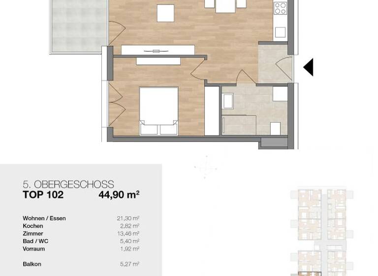 Wohnung zur Miete 635 € 2 Zimmer 44,9 m² 5. Geschoss Eggenberger Allee 10 Eggenberg Graz 8020